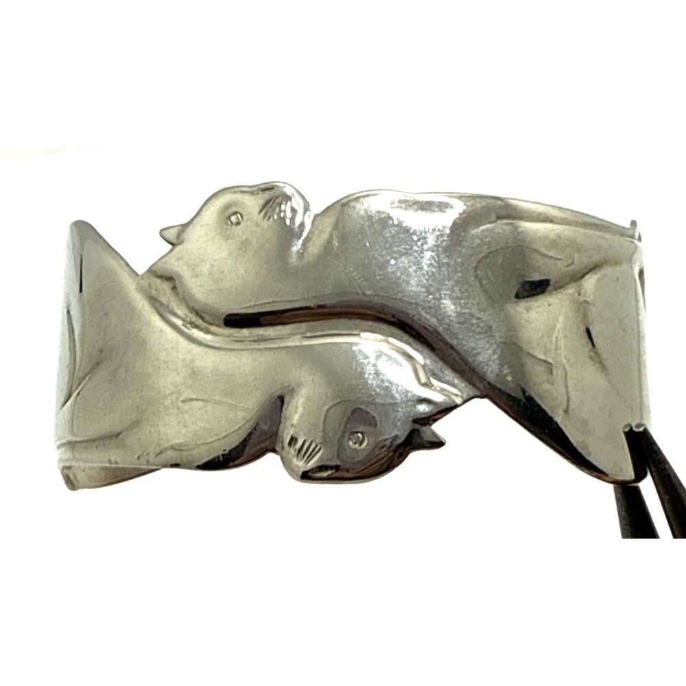 Vintage Back To Back CAT Cuff Bracelet Silver Tone Statement 7.25"